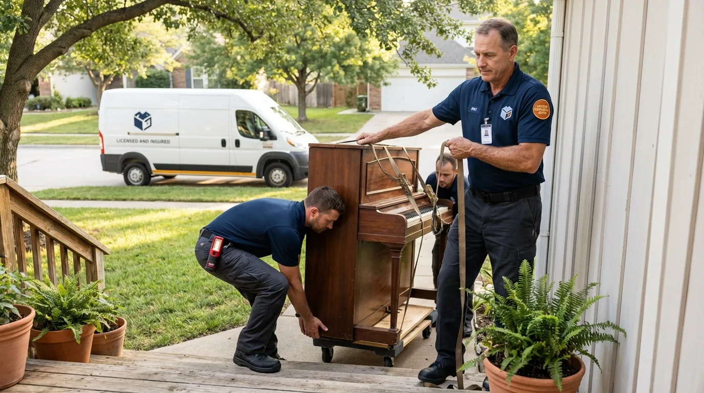 Licensed piano movers securing grand piano in Lewistown, MT