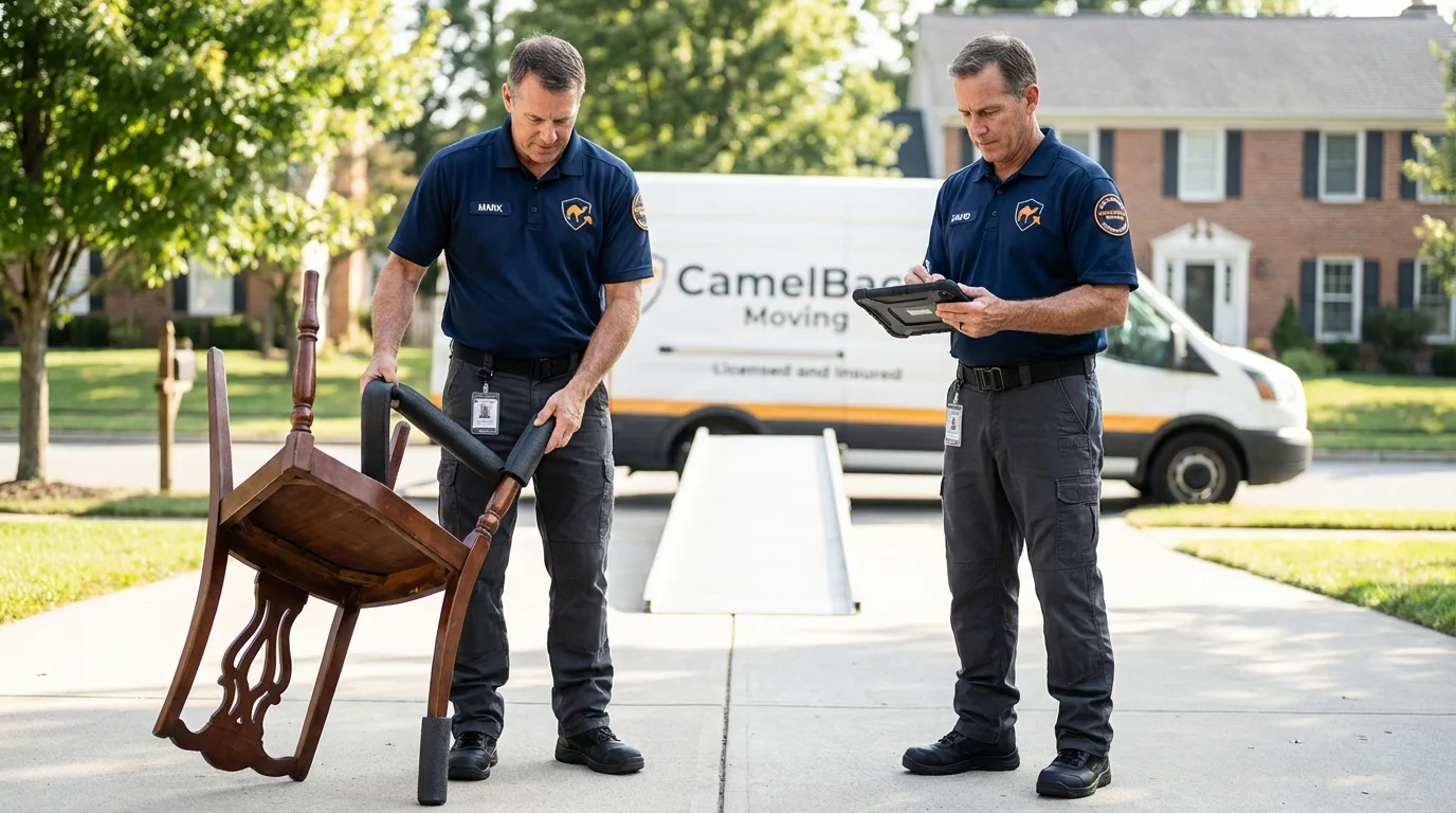 Movers inspecting furniture for damage prevention before loading in Lewistown, MT