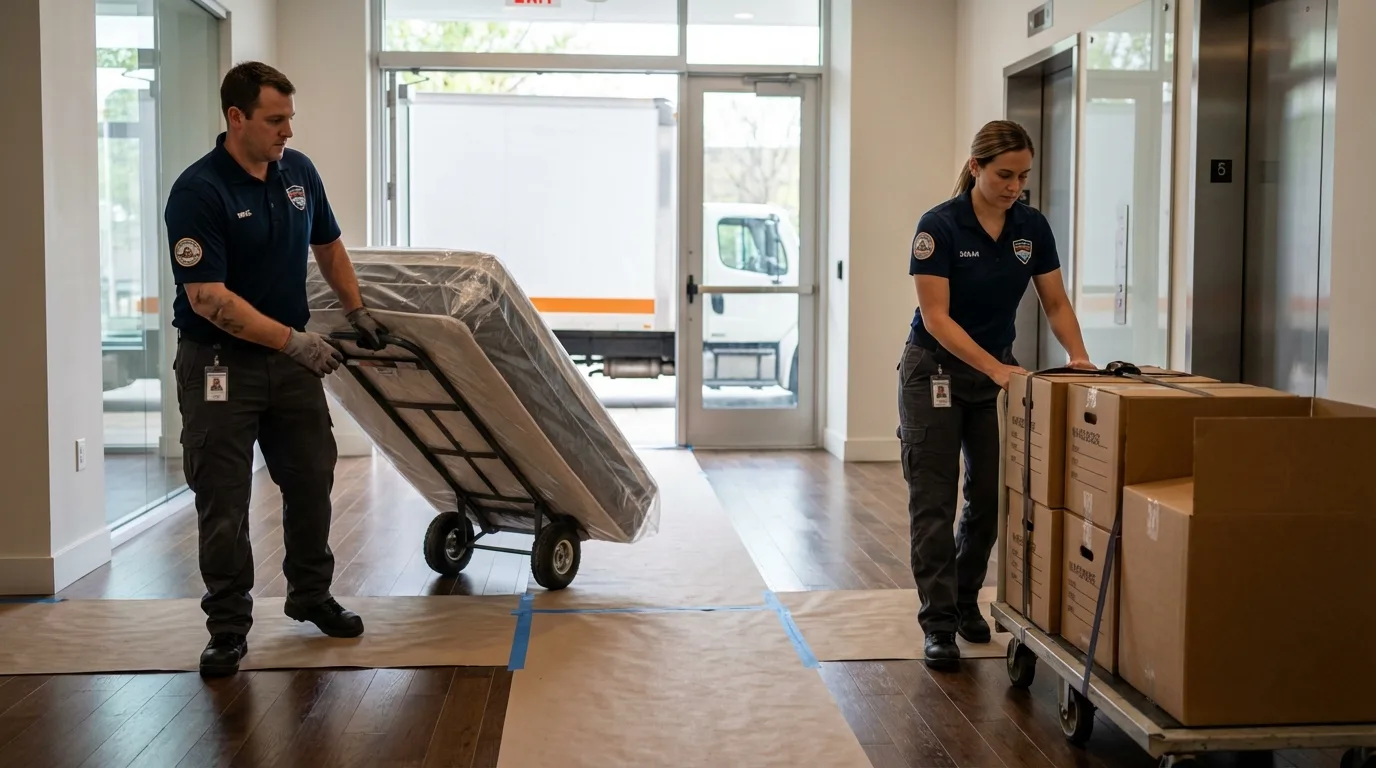 Professional apartment movers loading elevator in Lewistown, MT